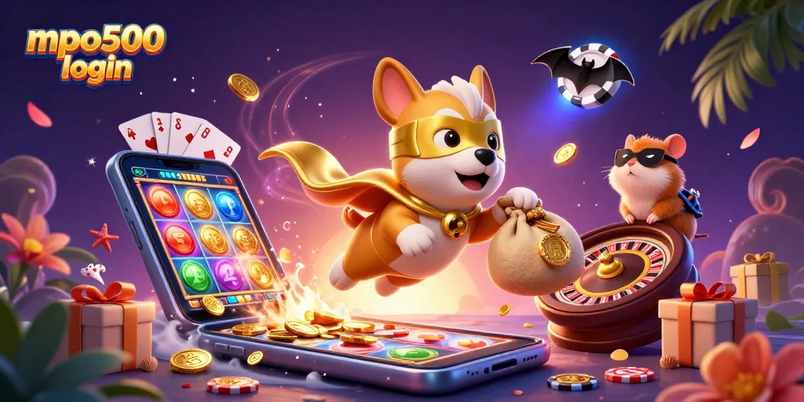 Win prizes with mpo500 login as the superhero dog flies through a colorful casino scene