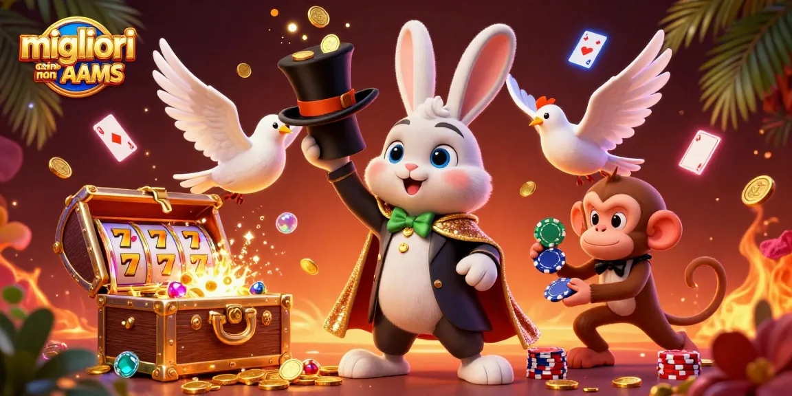 Vivi la magia dei migliori casino non AAMS con personaggi vibranti tra monete scintillanti e rulli delle slot.