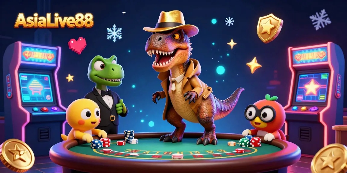 Engage with AsiaLive88's vibrant casino scene featuring a velociraptor card counter at a blackjack table with dynamic game elements.