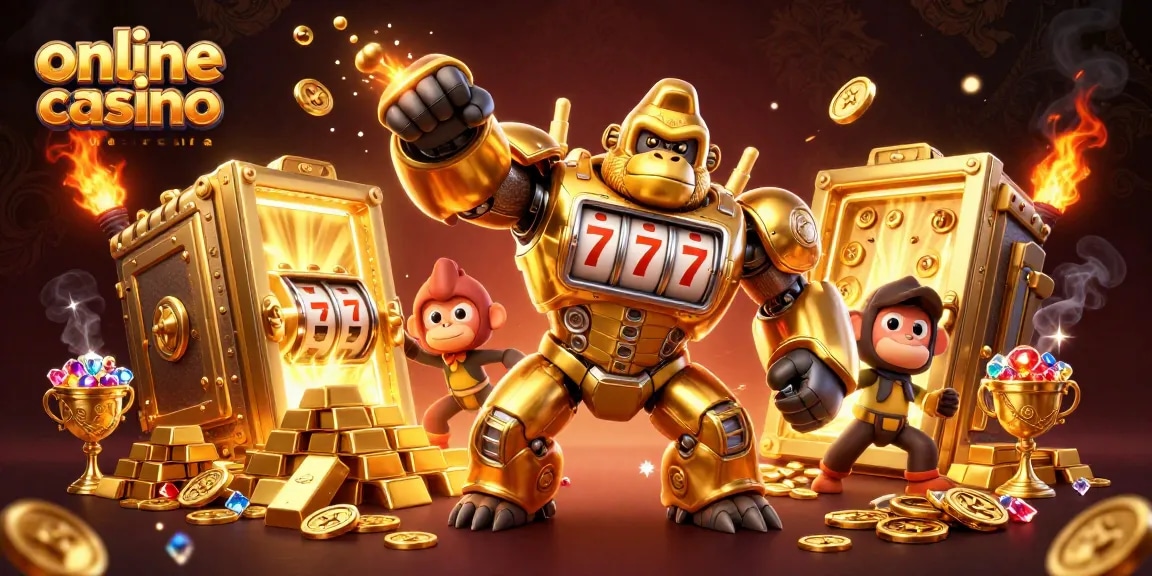 Win big with the vibrant scene from an online casino australia, featuring a golden gorilla mech surrounded by treasures.