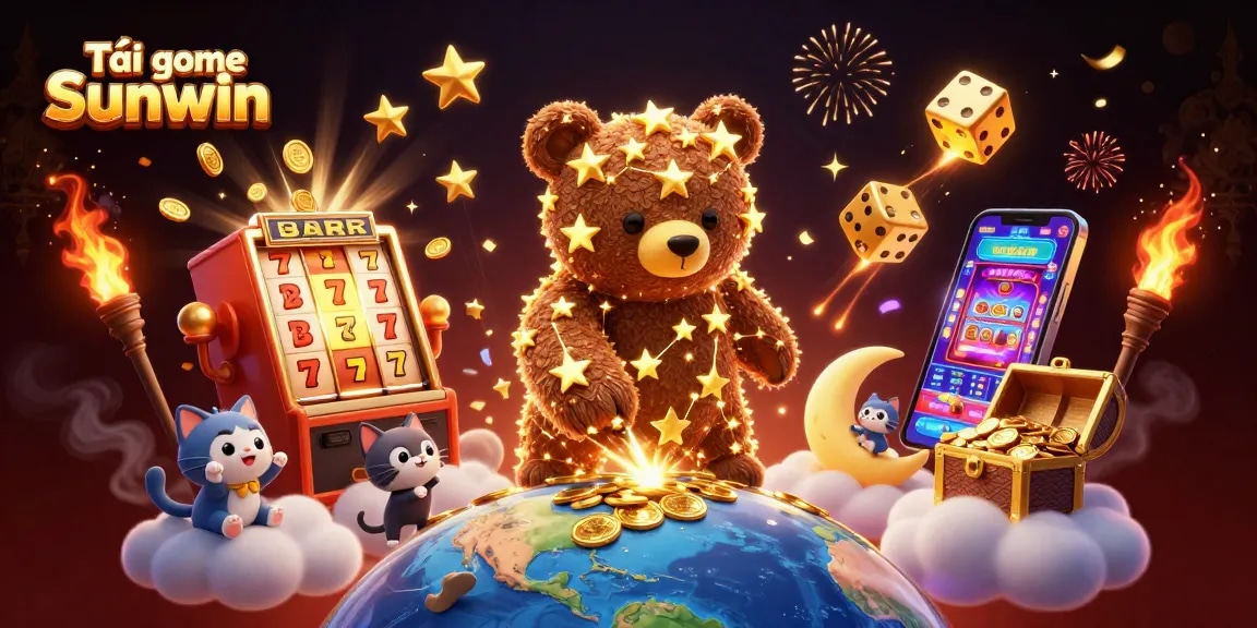 Tải game Sunwin to experience thrilling slots with a constellation bear amidst coins and vibrant symbols.