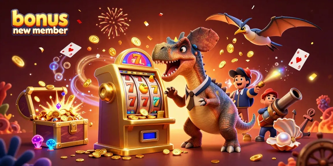 Bonus new member jackpot scene with cartoon dinosaurs in a vibrant casino environment.