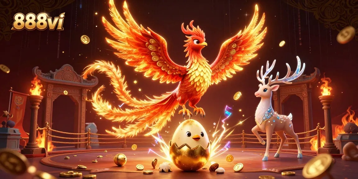 Engage with lively 888vi gaming symbols as the phoenix rises and gold coins scatter.
