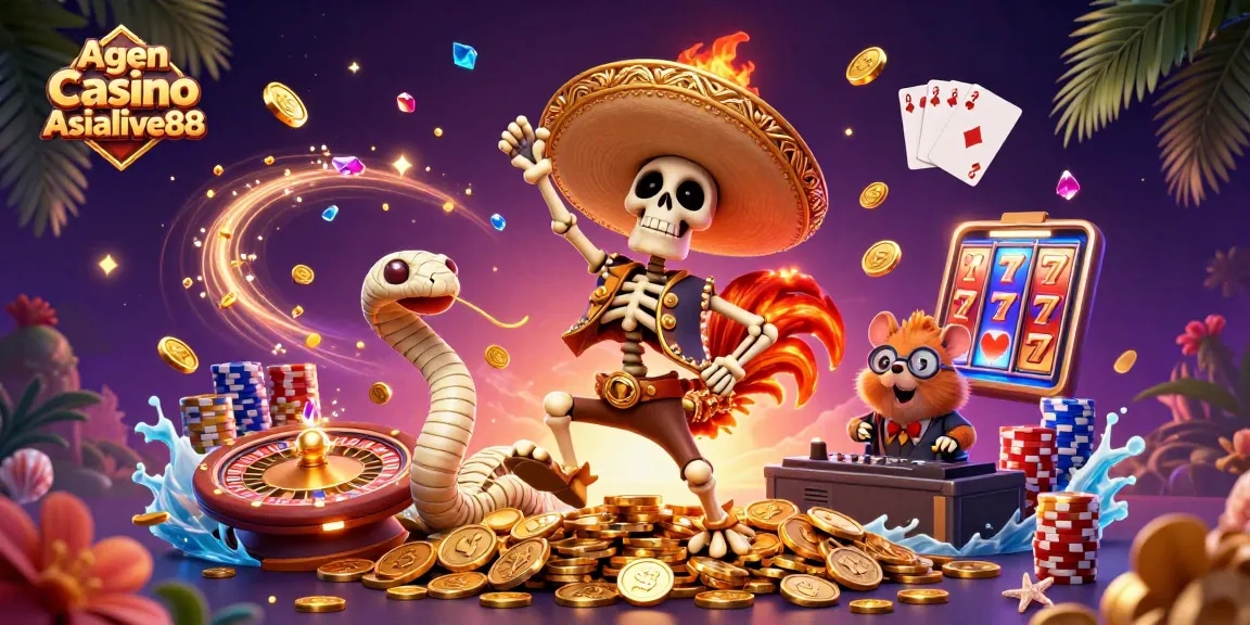 A colorful 3D scene illustrating Agen Casino Asialive88 with a mariachi rooster, mummy snake, and DJ hamster celebrating amidst cascading coins.