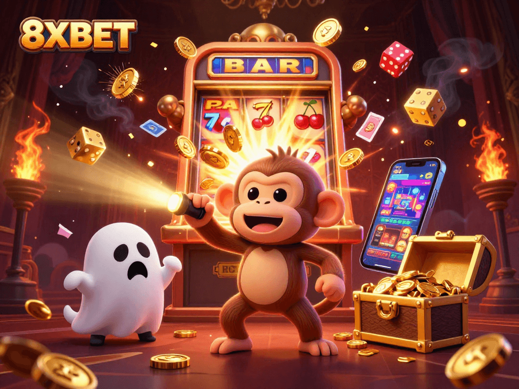 Experience thrilling gambling fun at 8XBET with an engaging illustration of a vibrant casino scene.