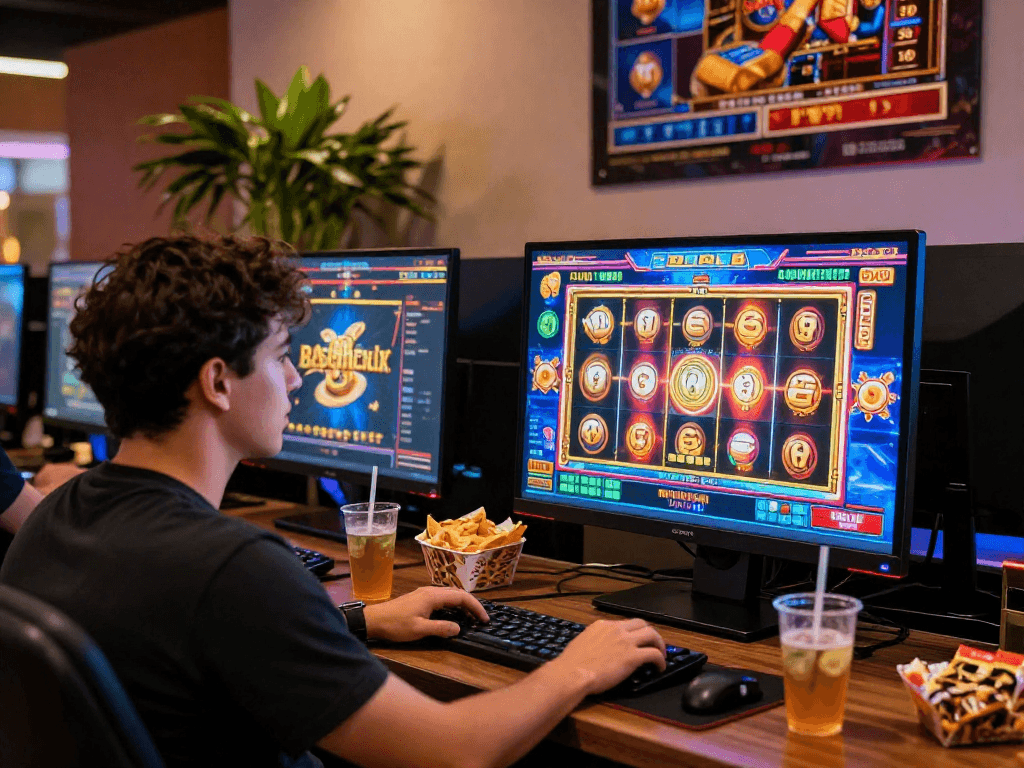 Player engaged with bandar slot gacor games on a desktop, vibrant visuals and inviting atmosphere.
