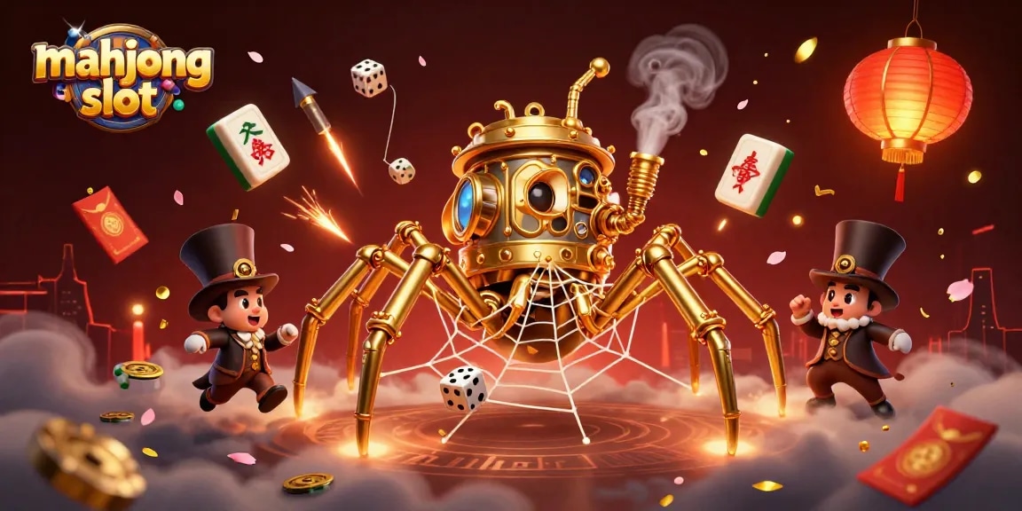 Experience winning moments with mahjong slot, featuring a whimsical golden spider in a dynamic casino scene.