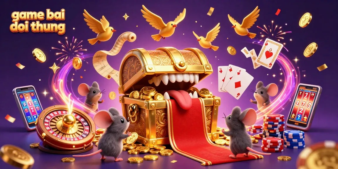 Experience the thrill of game bai doi thuong with a vibrant illustration of a treasure chest luring players with riches.