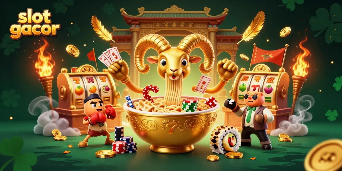 Engaging slot gacor illustration with a giant ramen bowl dealer and vibrant game elements showcasing excitement.