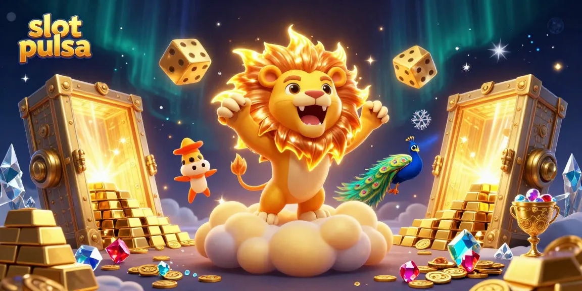 Spin the reels with slot pulsa excitement in a vibrant 3D casino scene filled with treasures.