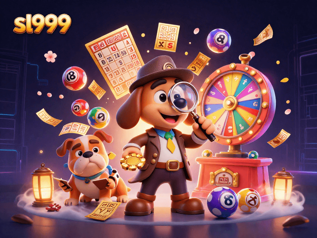 Engage with sl999 in this vibrant 3D illustration showcasing lottery elements and a detective theme.