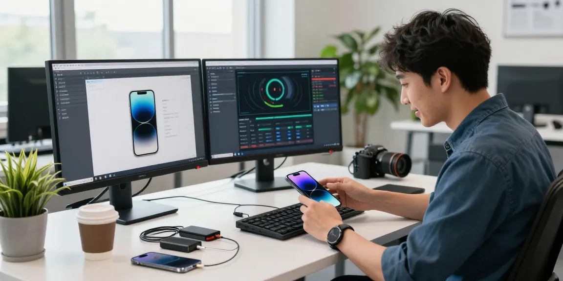 爱思助手官网的专业技术人员在现代办公室中分析iPhone,桌面整齐有序,有多台显示器和设备管理工具。