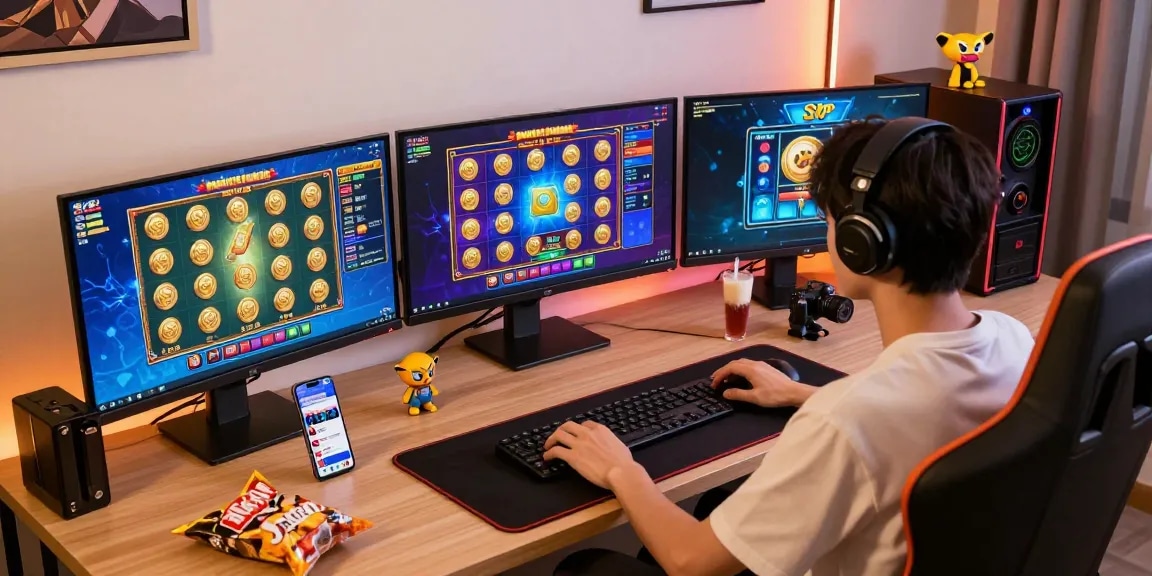 Engaged player in a modern online gaming setup enjoying bonus cashback slot rewards.