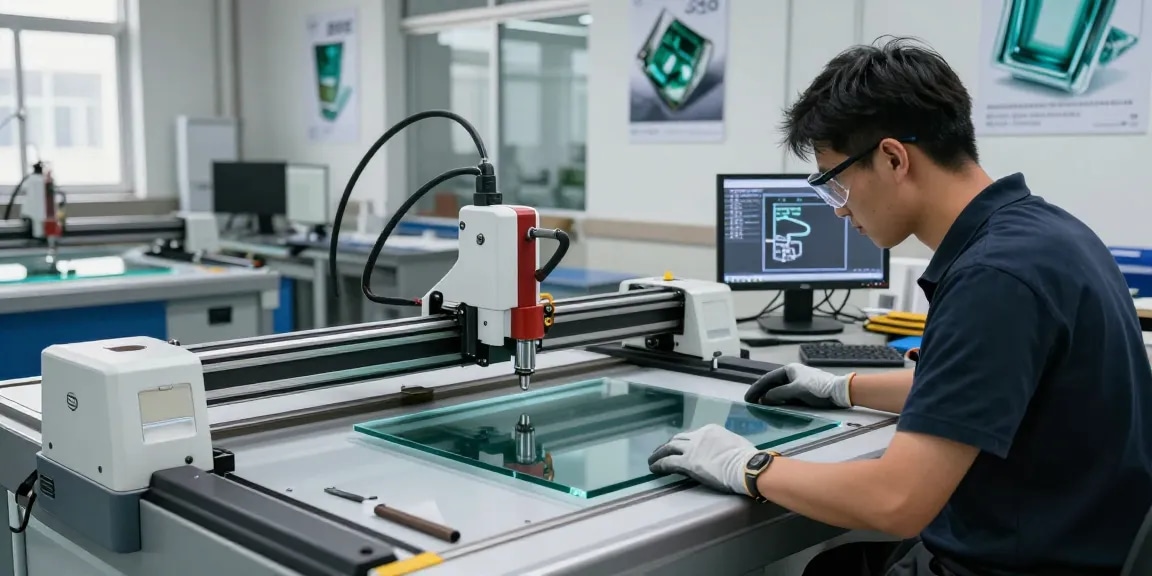 Technician using a glass cutting table in a modern workshop with advanced cutting technology.