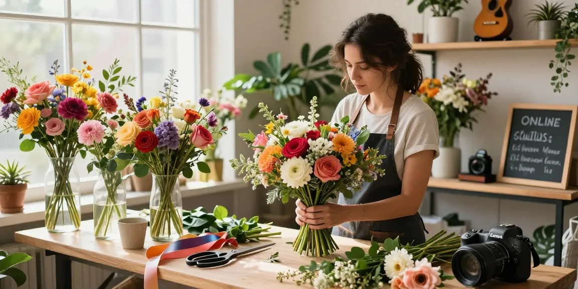 Florist creating a beautiful bouquet in a bright studio, showcasing MODALWD flowers and floral arrangement supplies with natural light.