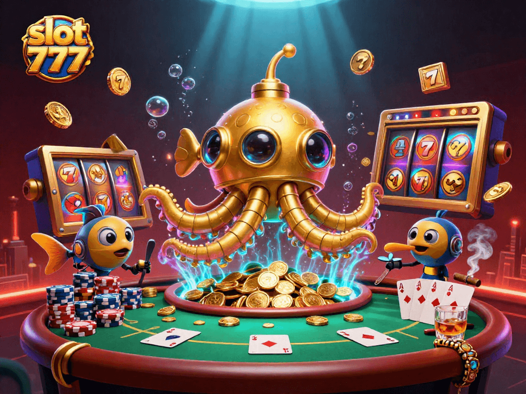Experience thrilling gameplay at slot 777 with vibrant spinning reels and golden kraken illustrations.