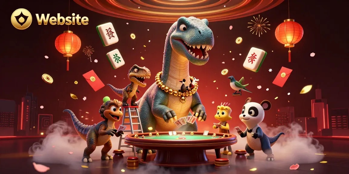 Engage with a vibrant casino scene featuring a playful dinosaur and dynamic gambling elements on the Website.