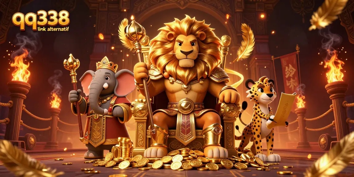 Engage in thrilling gameplay at qq338 link alternatif with a cartoon lion, elephant, and cheetah amidst gold and fire.