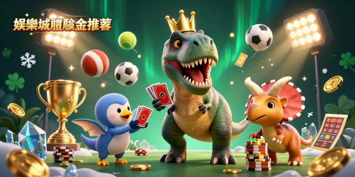 娛樂城體驗金推薦,3D卡通侏羅紀場景中的恐龍與助理協作,充滿遊戲元素。
