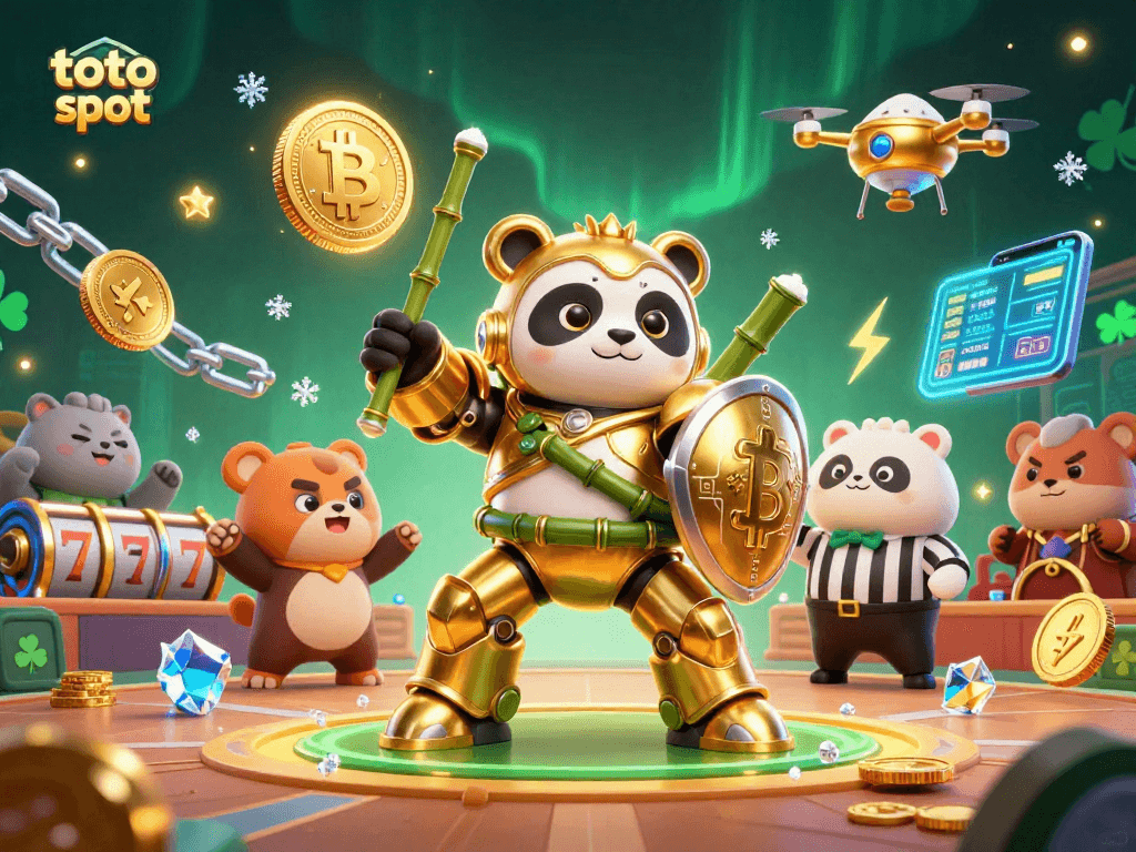 Engage with the thrilling world of toto slot as a golden panda battles in a vibrant casino arena.