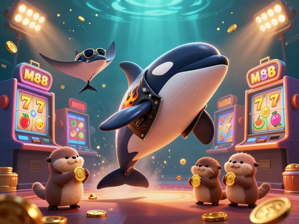 Engage with the vibrant casino scene featuring M88 with an orca, stingray, and otters amidst slot elements.