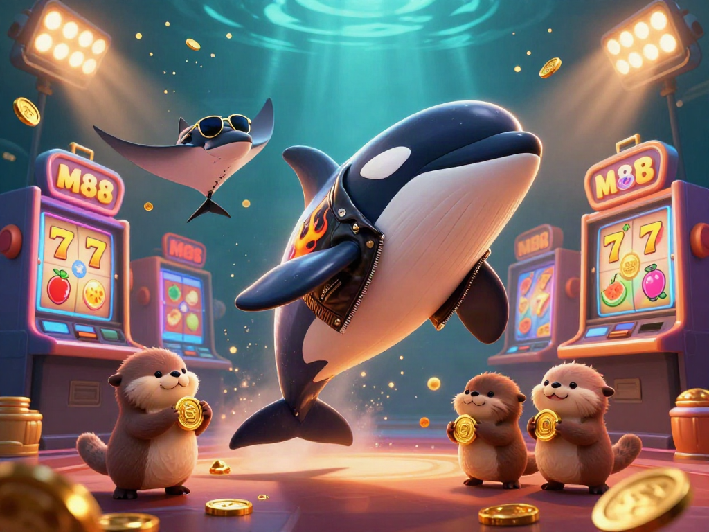 Engage with the vibrant casino scene featuring M88 with an orca, stingray, and otters amidst slot elements.