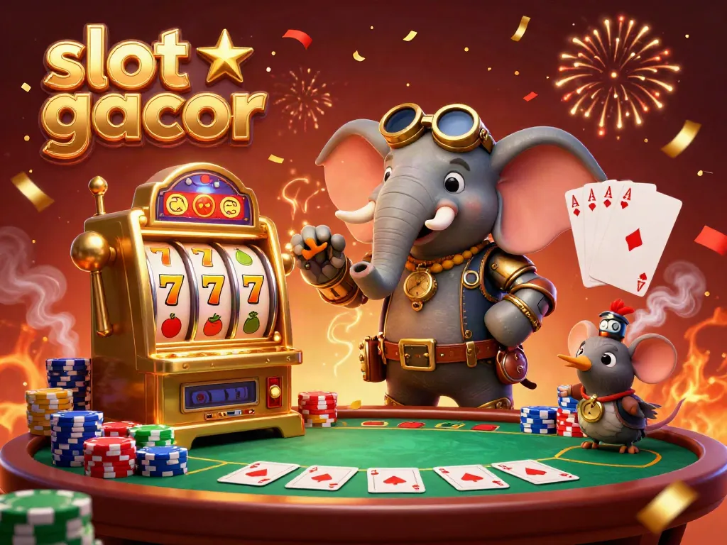 Experience excitement with slot gacor featuring a steampunk elephant operating a golden slot machine amidst vibrant casino elements.