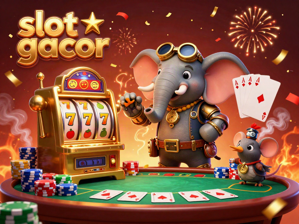 Experience excitement with slot gacor featuring a steampunk elephant operating a golden slot machine amidst vibrant casino elements.