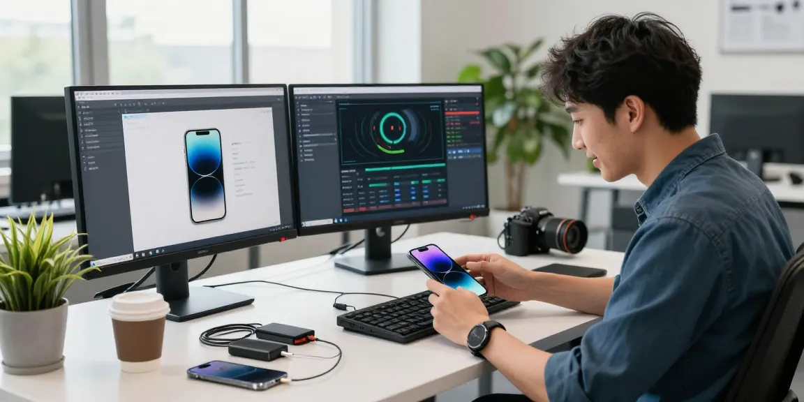 爱思助手官网的专业技术人员在现代办公室中分析iPhone，桌面整齐有序，有多台显示器和设备管理工具。
