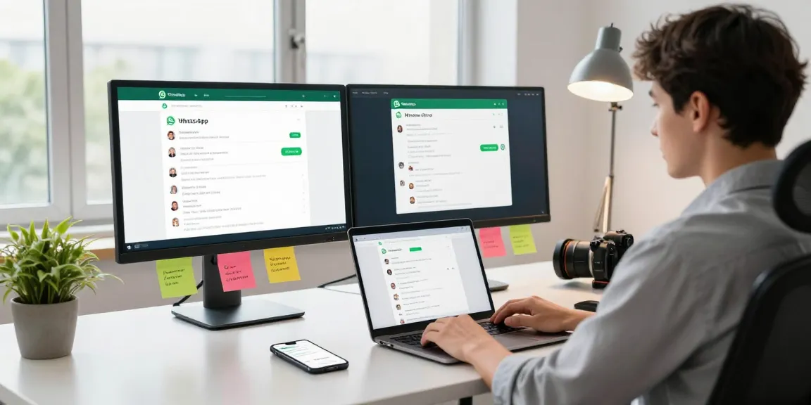 Using WhatsApp網頁版 on a laptop in a modern office with vibrant decor and natural light.