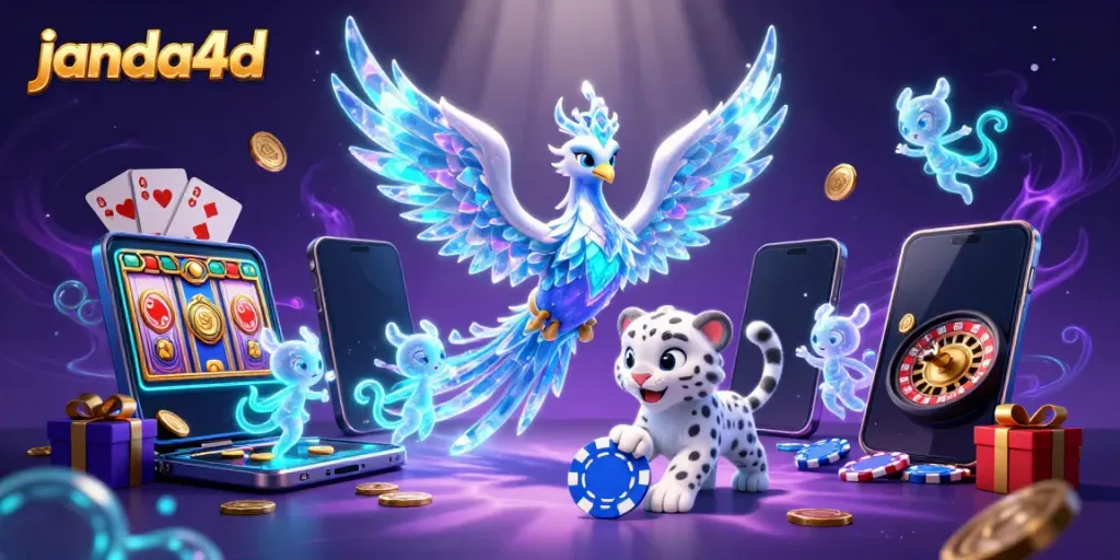 Visualisasi permainan slot JANDA4D yang menarik dengan karakter fantasi dan elemen kasino.