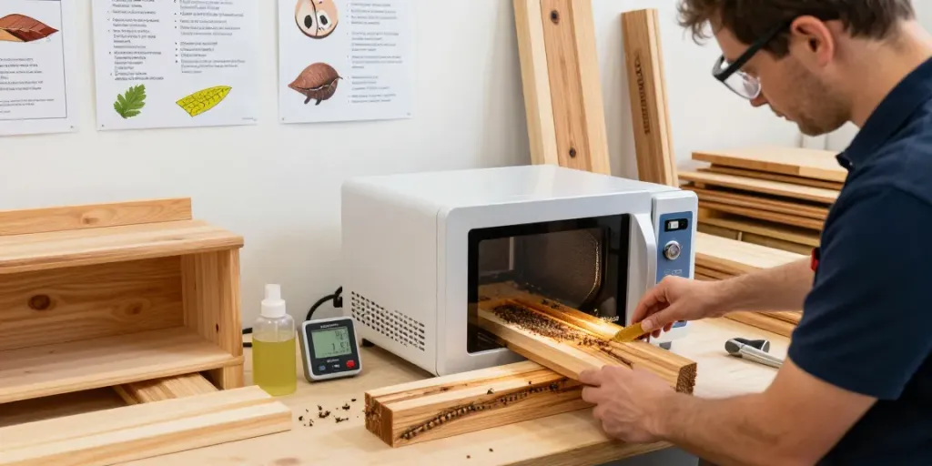 SHASHEL® microwave wood treatment technician eliminating wood-boring insects in a well-lit workshop.