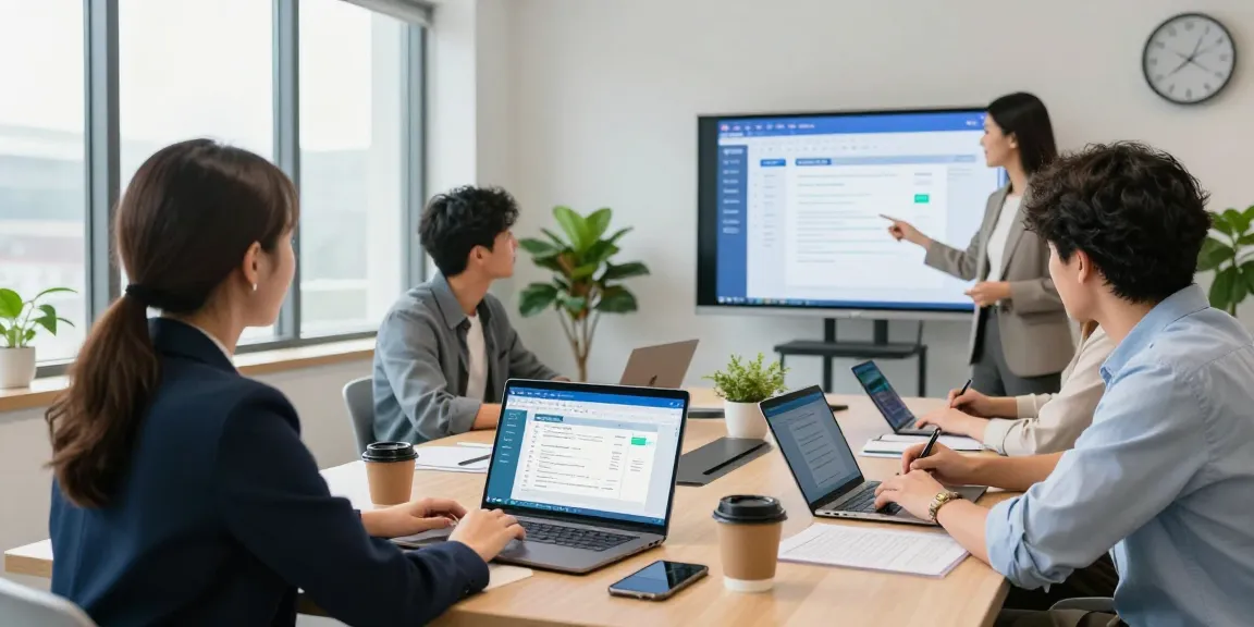 Dynamic collaboration scene of team using WPS下载 software in a modern office setting.