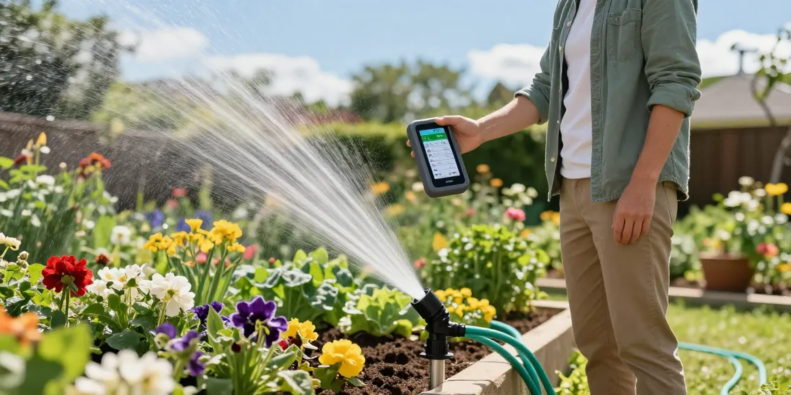 Efficiently managing garden irrigation with a wifi sprinkler controller while enjoying a sunny day outdoors.