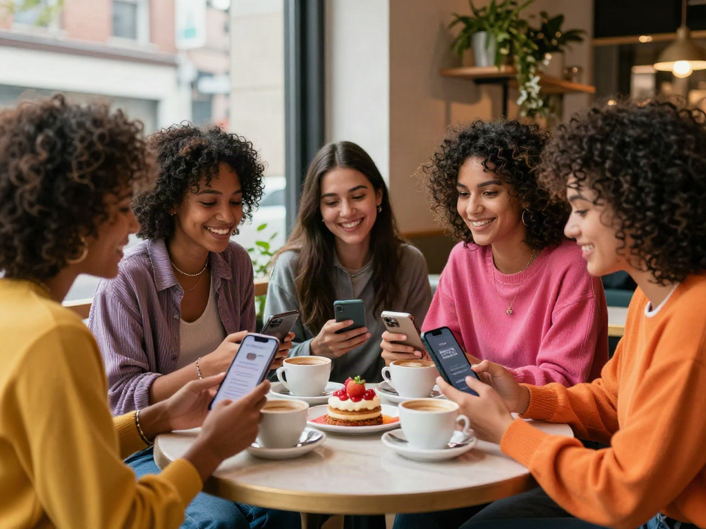 Friends discussing their experiences while using the test attractiveness online tool at a café.
