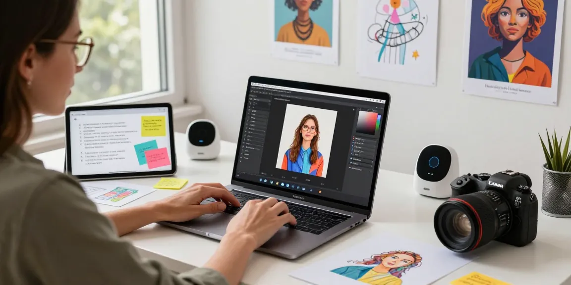 Digital artist using the nano banana AI image editor to create vibrant visuals in a creative workspace.