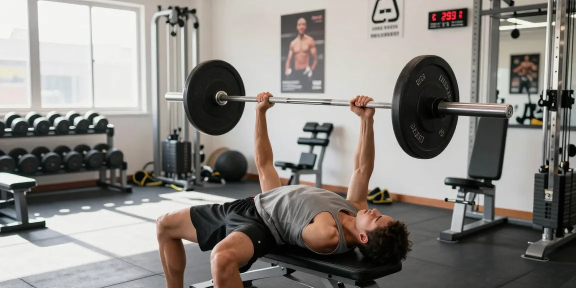 Driada Shop: Individual performing bench press in a modern gym environment, showcasing focus and strength.