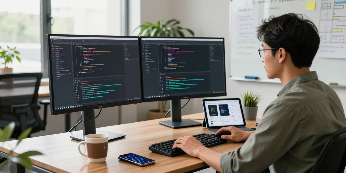 Developer coding at a modern workspace with dual monitors while focusing on 纸飞机中文版 communications.