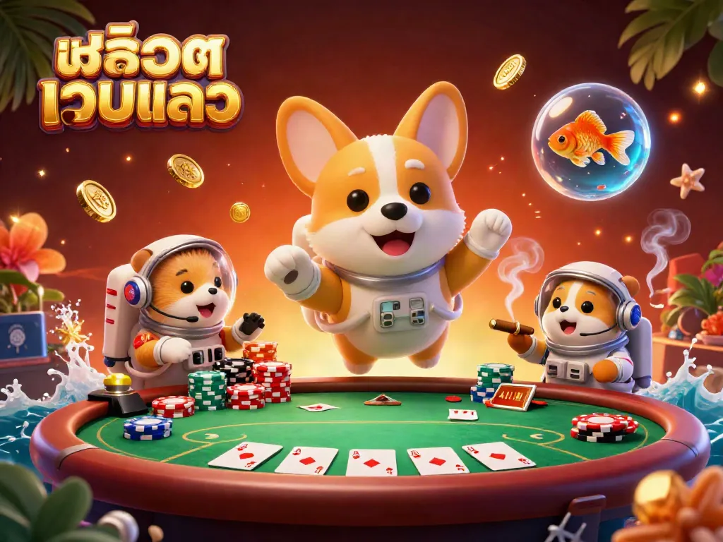 Playing สล็อตเว็บตรง casino games with cartoon characters in a vibrant space setting full of poker elements