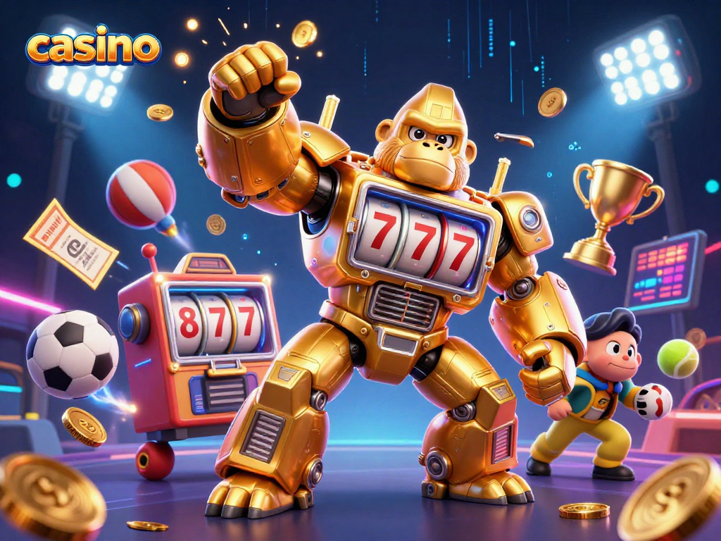 Engage with an exciting casino scene featuring a golden gorilla mech and sports elements.