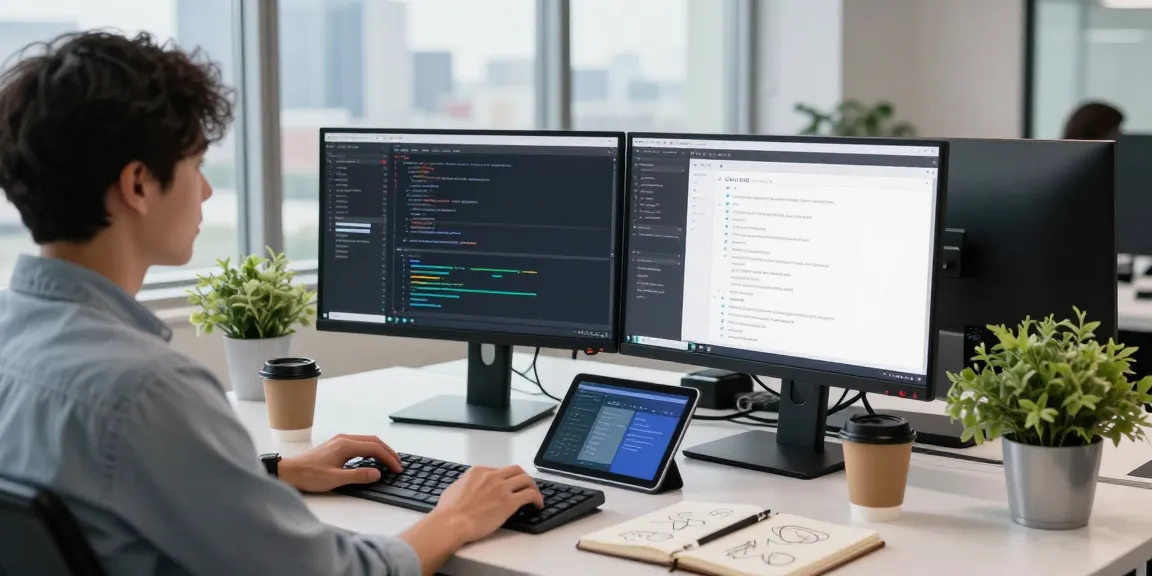 Developer at a modern tech workspace engaging with code on telegraimin.com.