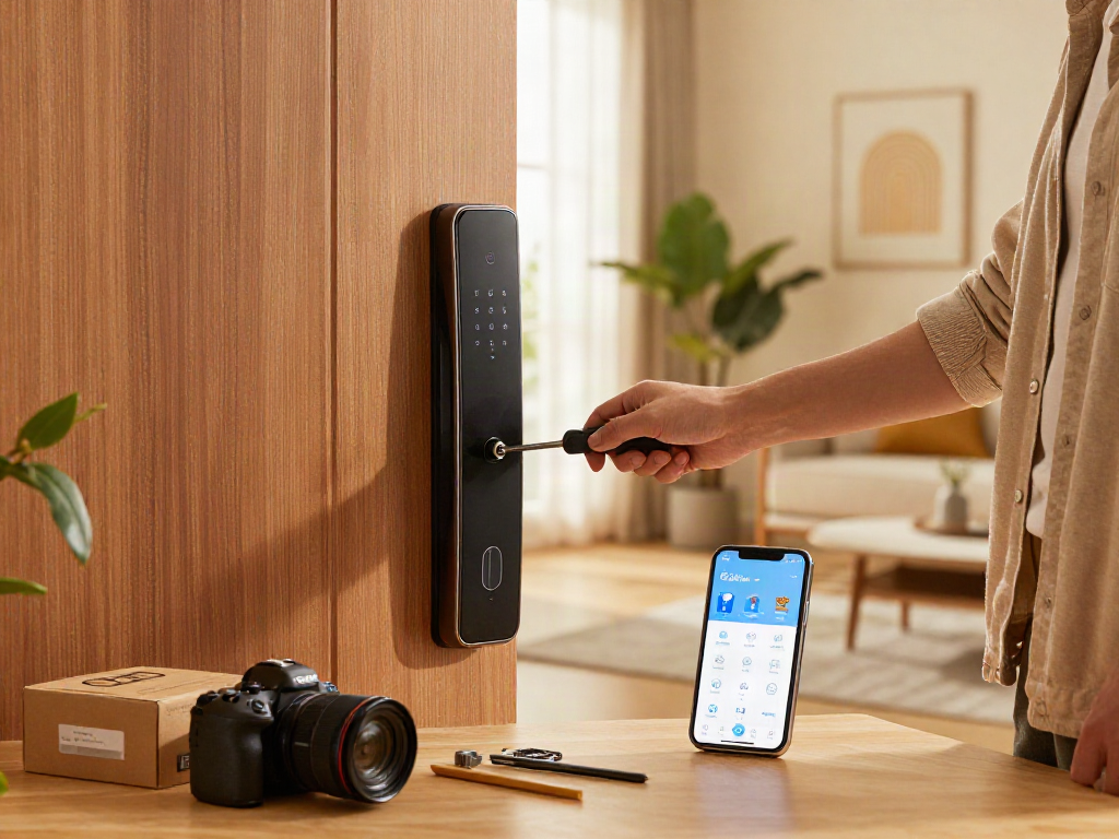 Installing a قفل هوشمند on a modern door with a smartphone app on display.