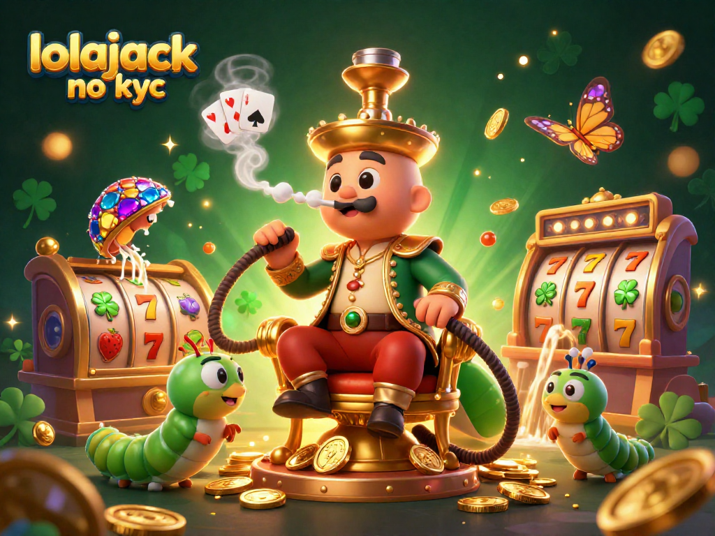 Play at lolajack no kyc with a stunning 3D illustration of a caterpillar master in a casino scene.
