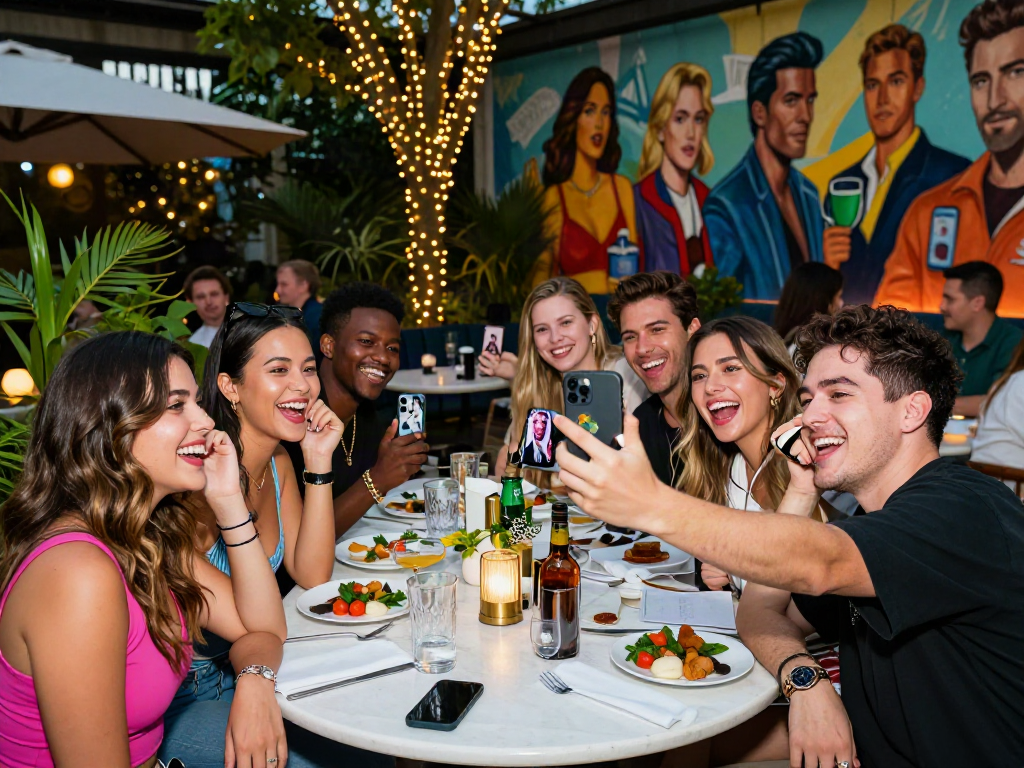 Friends enjoying a gathering comparing their looks to celebrities look alike in a vibrant outdoor lounge
