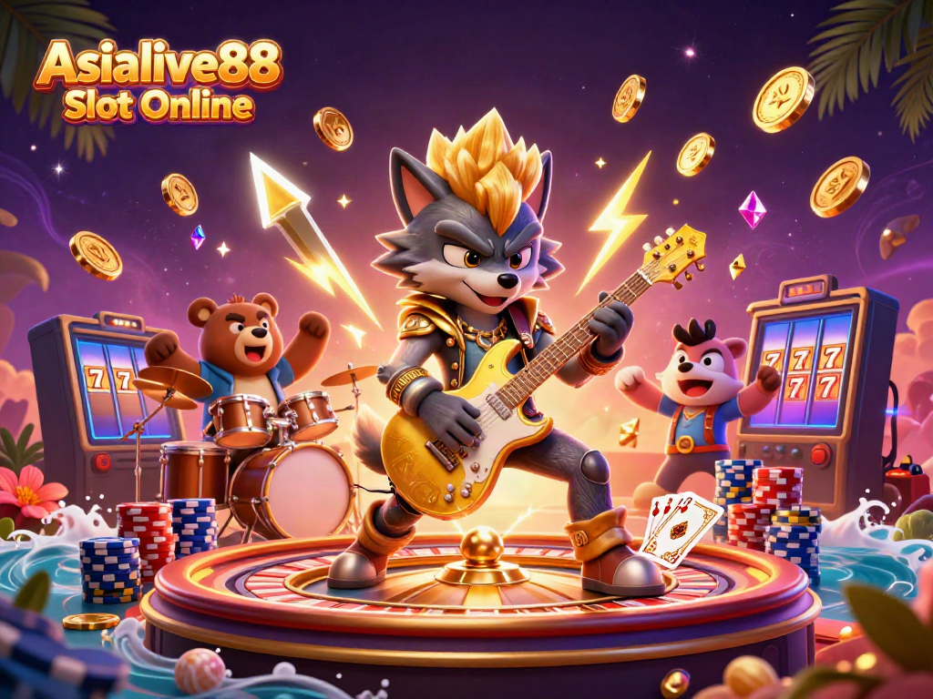 Engage with Asialive88 Slot Online through an electrifying casino scene featuring vibrant characters and gaming elements