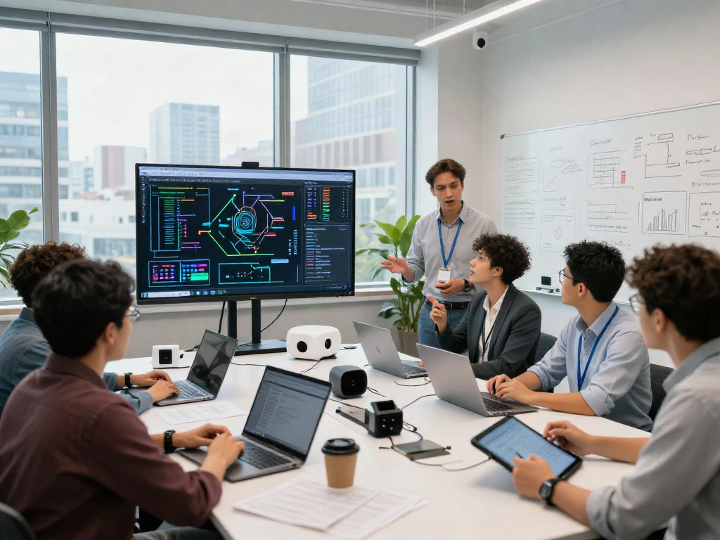 AI Detection research scene with diverse team analyzing algorithms and data in modern tech lab.