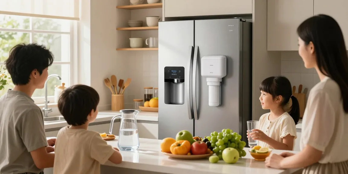 Waterdrop Plus 4396508 Refrigerator Water Filter in a modern kitchen with a family enjoying filtered water.