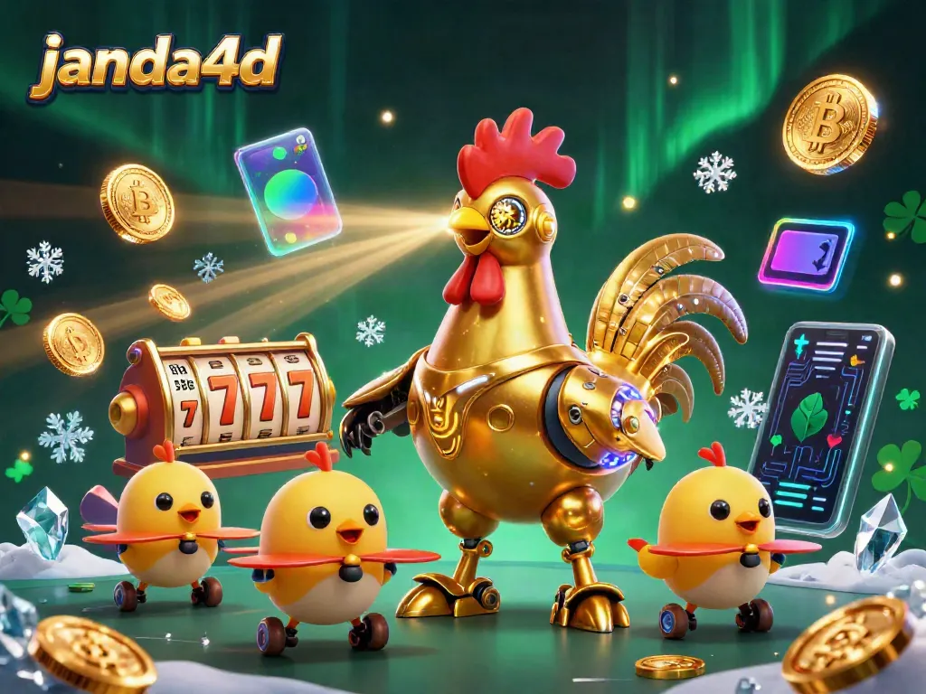 Menangkan hadiah besar di janda4d dengan robot ayam emas futuristik dan koin cryptocurrency bersinar.