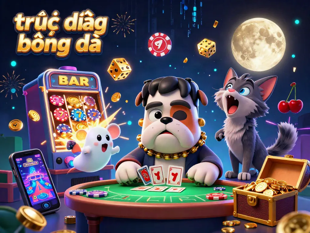 Experience trực tiếp bóng đá excitement with a colorful 3D illustration featuring characters and casino elements.