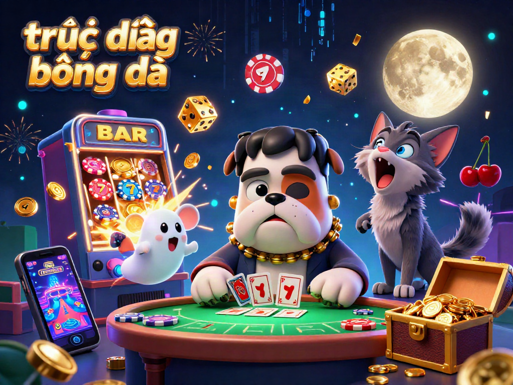 Experience trực tiếp bóng đá excitement with a colorful 3D illustration featuring characters and casino elements.